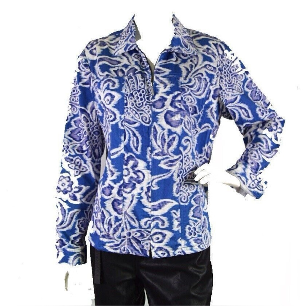 Coldwater Creek Jacket Size  Medium Blue White Floral Print Stretch Cotton